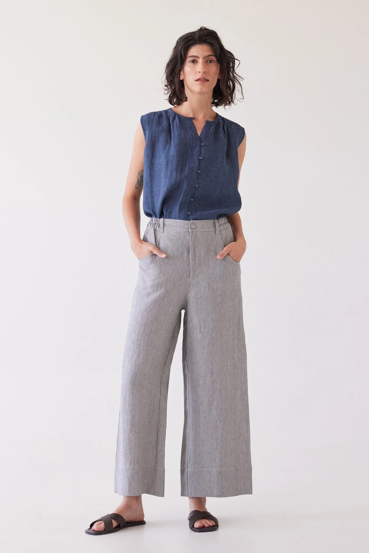 Eva's Sunday Bowie Wide Leg Pant - Chambray stripe