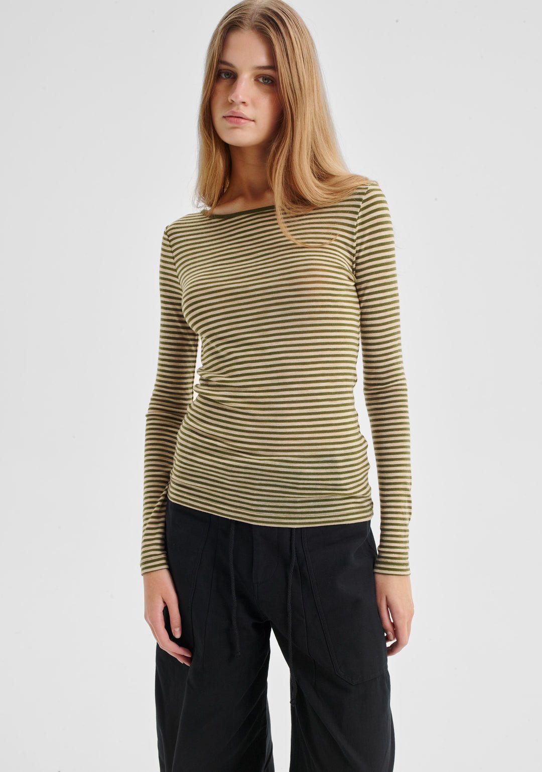 Morrison Morri Merino stripe round neck- Avocado/Birch