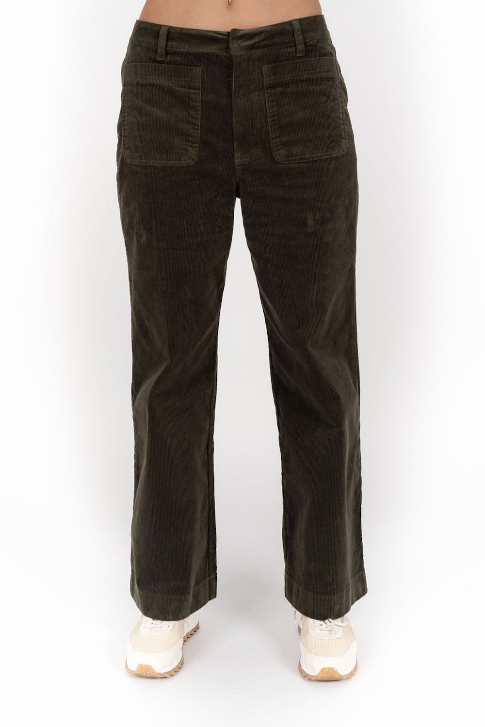 Image of pair of moss green cord pants.