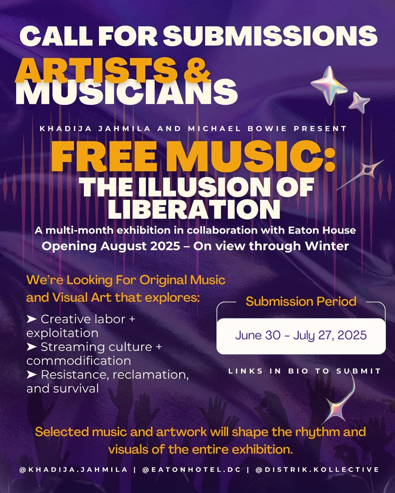 CALL FOR SUBMISSIONS: 
MUSICIANS + VISUAL ARTISTS 🎨🎶
We’re curating something powerful.
Free Music: The Illusion of Liberation is a unique multi-month exhibition opening August 2025 at Eaton House, the creative coworking and activation