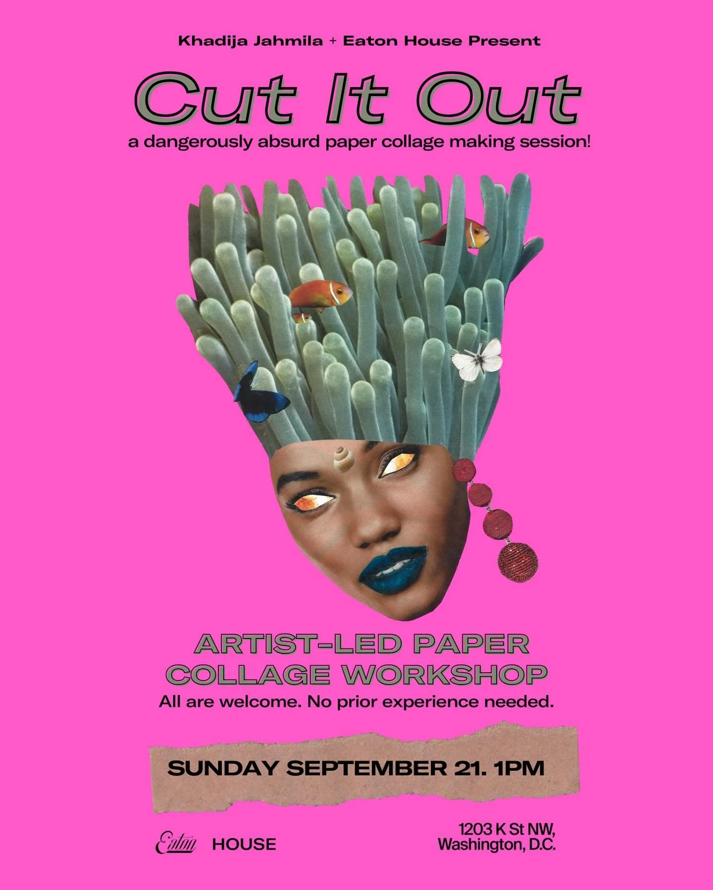 Saturday, September 21! 
Tag an art lover. Come make some mess. 
CUT IT OUT, a dangerously absurd paper collage making session, is back! ✂️🌀
Join me for another afternoon of radical creativity and surreal exploration at Eaton House (@eatonworksho