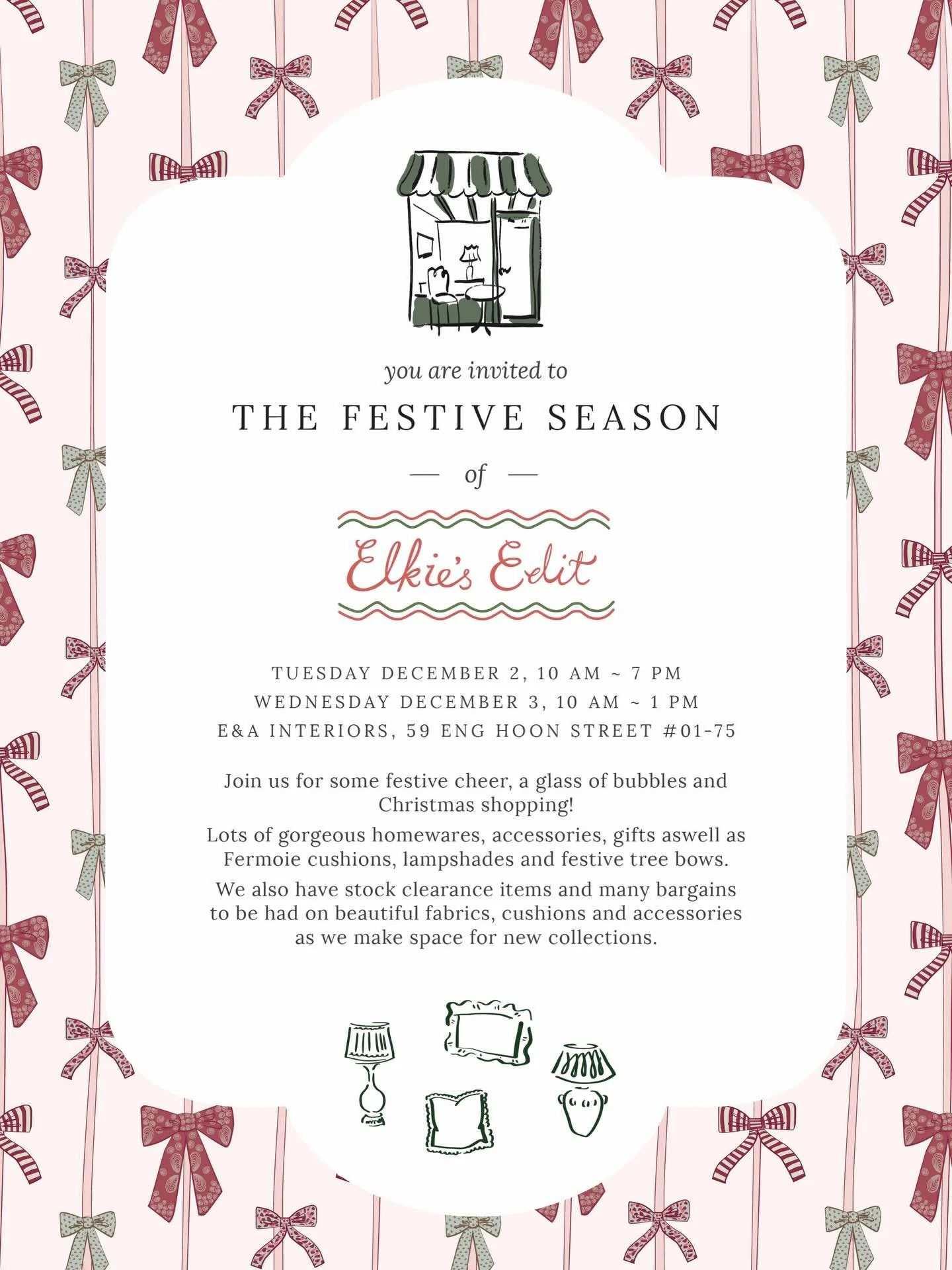 Join us next week at @elkiesedit_shop on Tuesday 2nd and Wednesday 3rd of December for some festive cheer, a glass of bubbles and Christmas shopping! 🥂🎄🥂

Lots of gorgeous homewares, accessories, gifts aswell as  Fermoie cushions and lampshades an