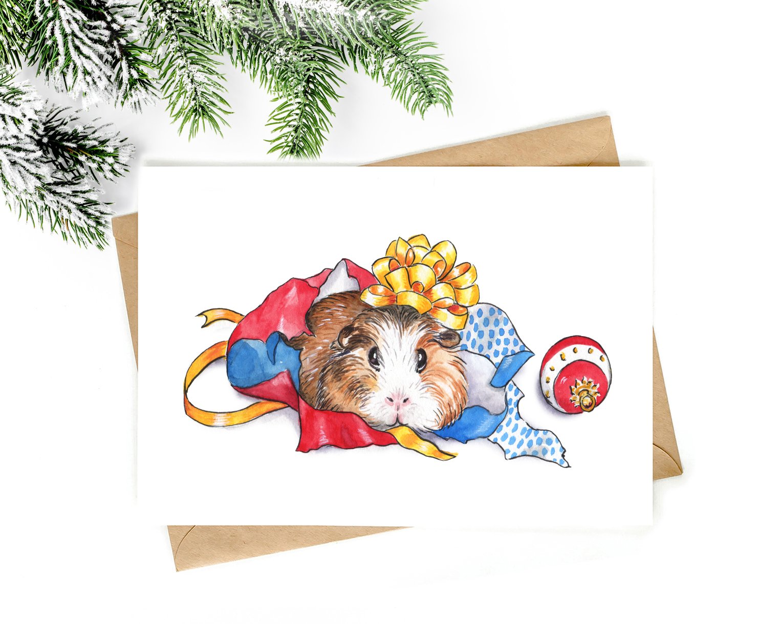 Greeting Card 'All Wrapped Up' (Guinea-pig Christmas)