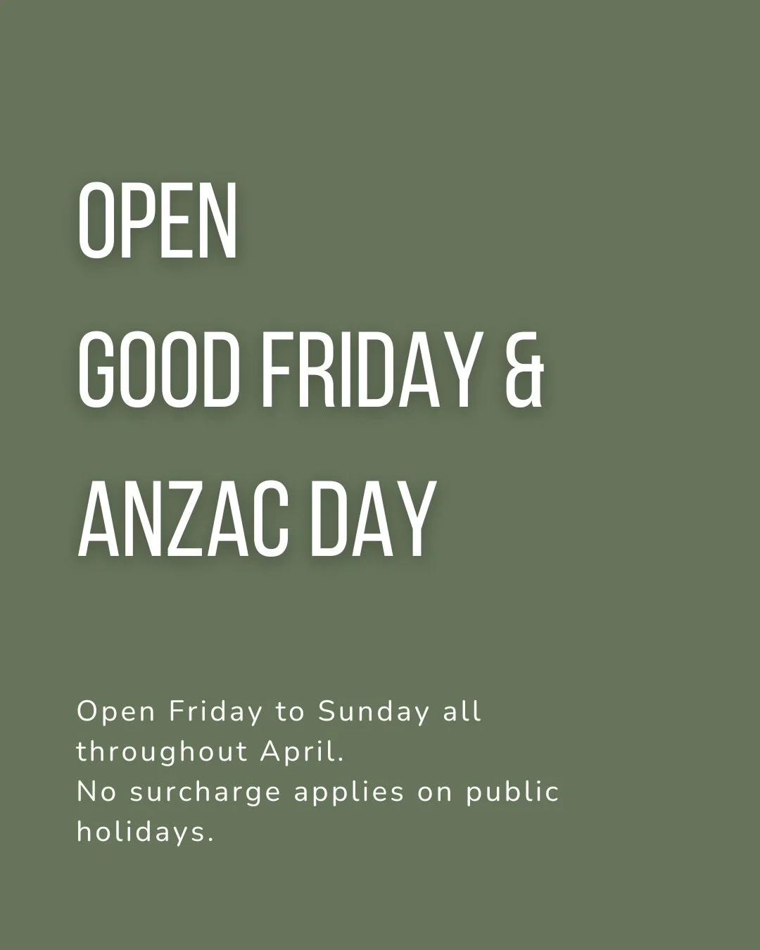 Yep, we&rsquo;ll be open all public holidays this April, and there&rsquo;s no surcharge 🙌

Good Friday falls on a Friday, and we won&rsquo;t be taking reservations that day. Just come in, grab a spot, and enjoy.

We&rsquo;ll have all the favourites 