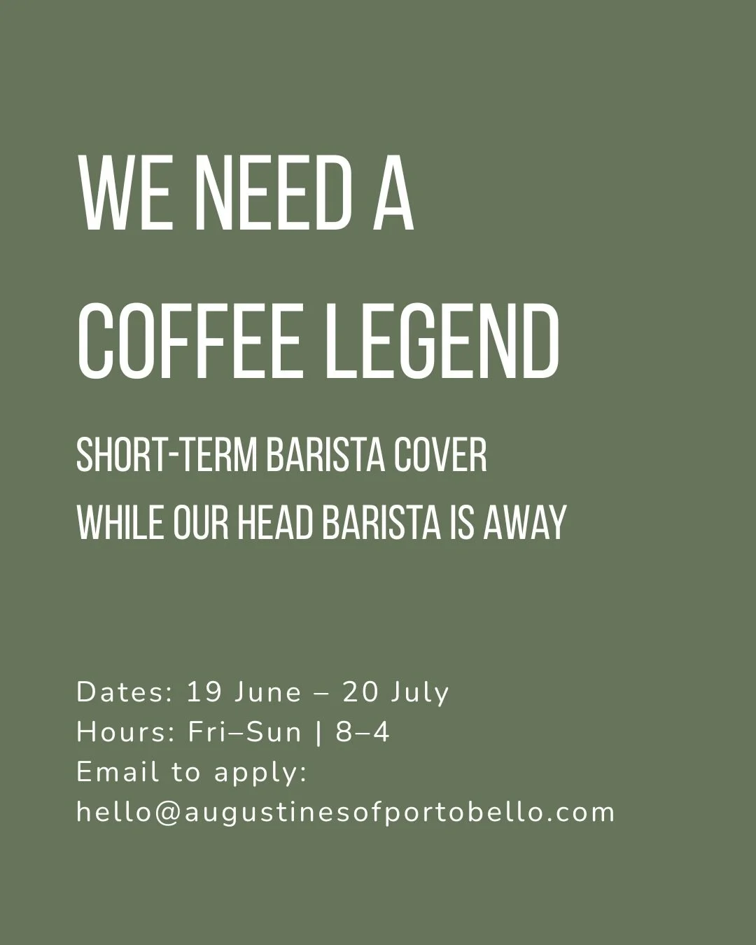 Work with us &ldquo;&hellip;on the bright side of the road&hellip;&rdquo; ☕️🍰

Barista Cover Needed ☕️ | Augustines Farmstore &amp; Kitchen

We&rsquo;re looking for an experienced barista to join us for short-term cover while our Head Barista is on 