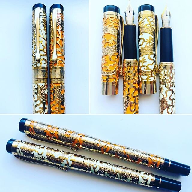 Jinhao No. 5000 fine fountain pens, finished in orange and cream lacquer with gold plated overlays, fitted with a No. 5 fine nib and ink convertors. Find them in our eBay shop. 
https://www.ebay.co.uk/str/rosscospens/Jinhao-No-5000/_i.html?_storecat=