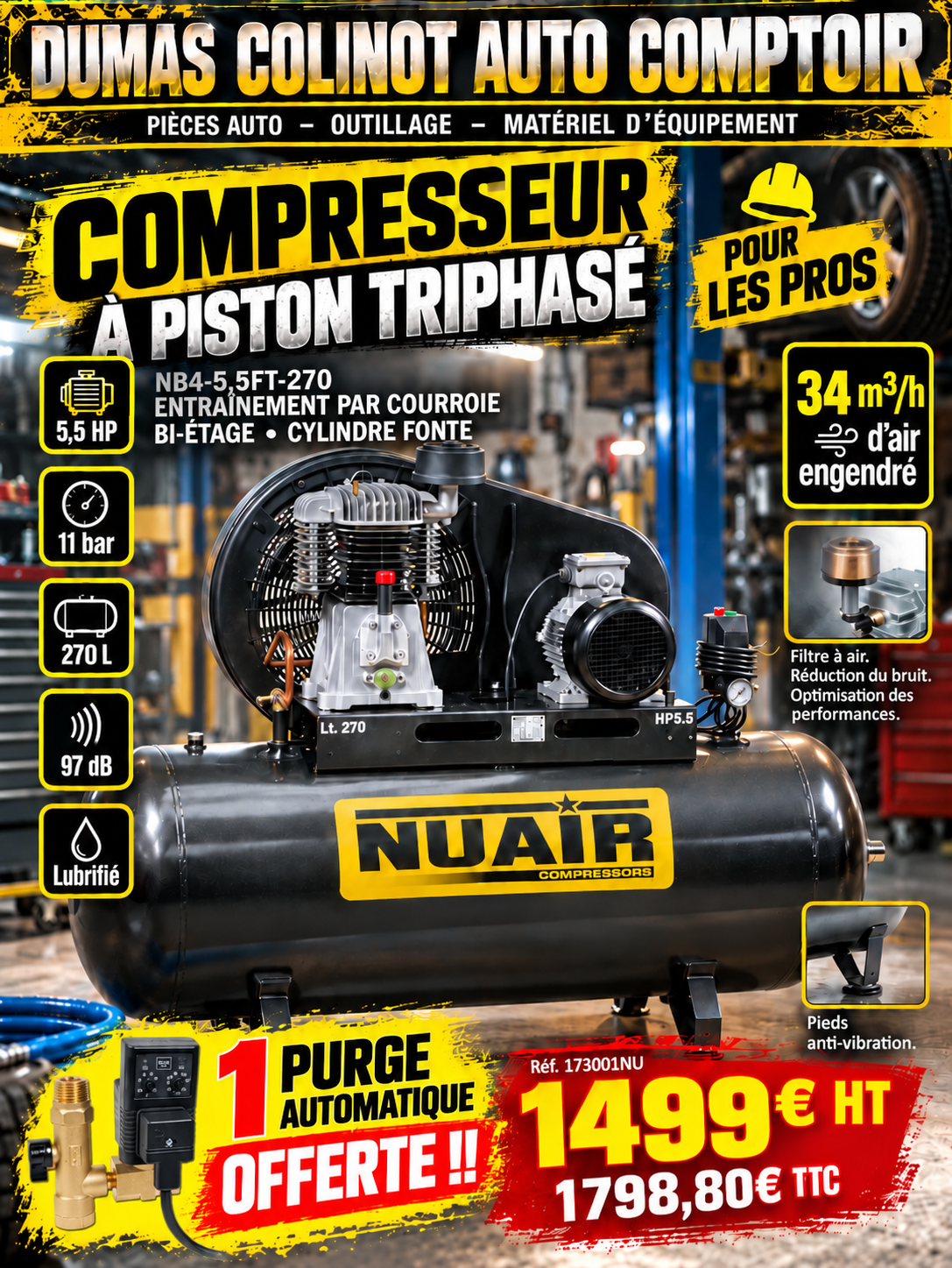 NB4/5.5FT/270 - Compresseur à piston 5,5 CV 270 litres cylindres fonte Nuair 173001NU  NEVERS DECIZE COSNE