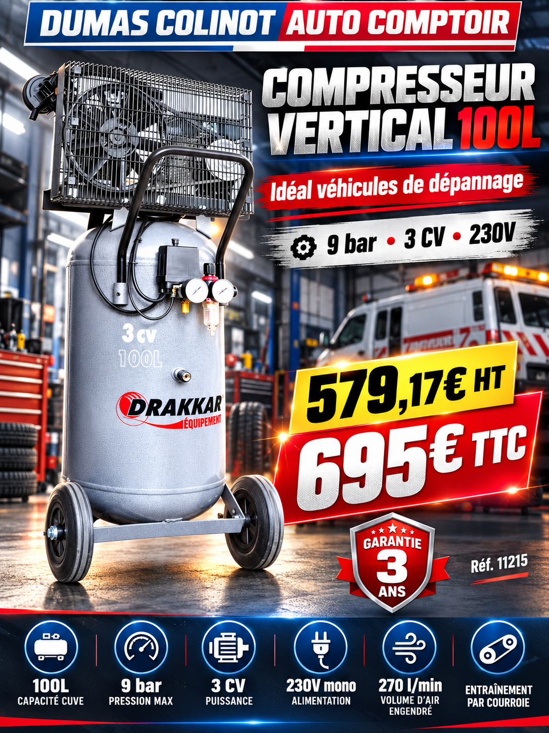 Compresseur à courroie 100L 9 bar 3CV tête en V 230V vertical 11215 NEVERS DECIZE COSNE