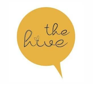 Yellow speech bubble with black cursive text that reads 'the hive'.