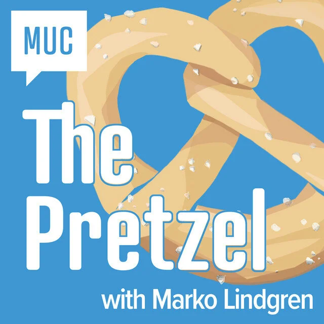 Graphic of a pretzel topped with coarse salt, with blue background and white text reading 'MUC The Pretzel with Marko Lindgren.'