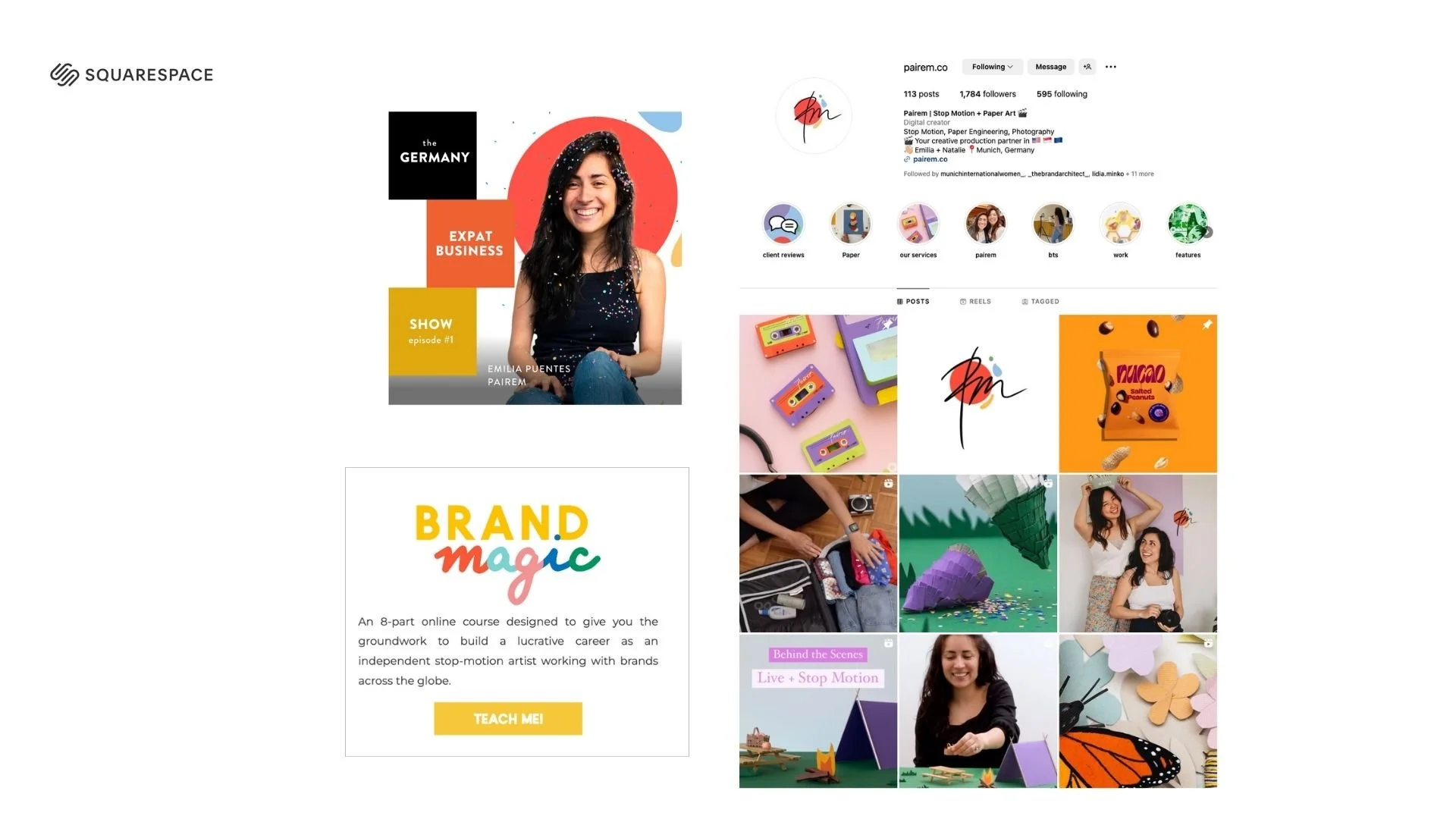 Screenshot of a Squarespace Instagram profile page showcasing paper art, craft projects, and creative work by Pairem, a digital creator from Munich, Germany.