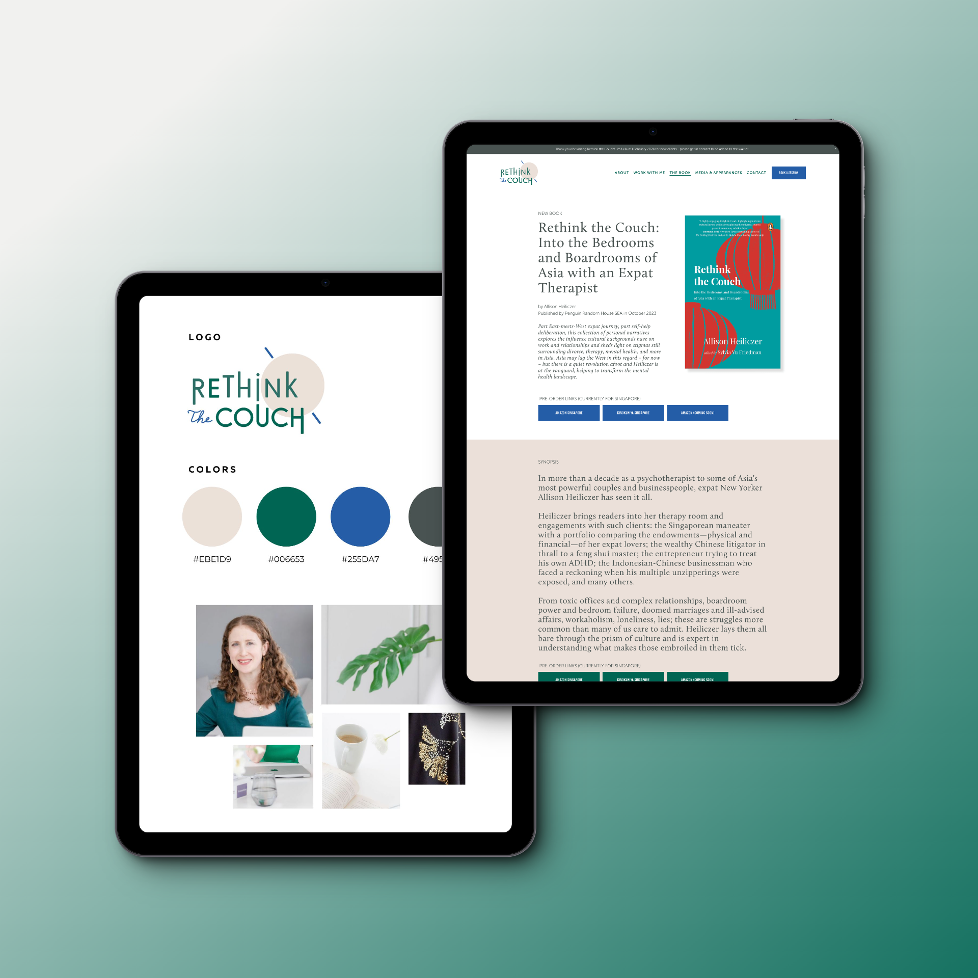 Two tablets displaying website pages, one showing a color palette and photos, the other showing a book launch page for 'Rethink the Couch' with an image of the book cover.