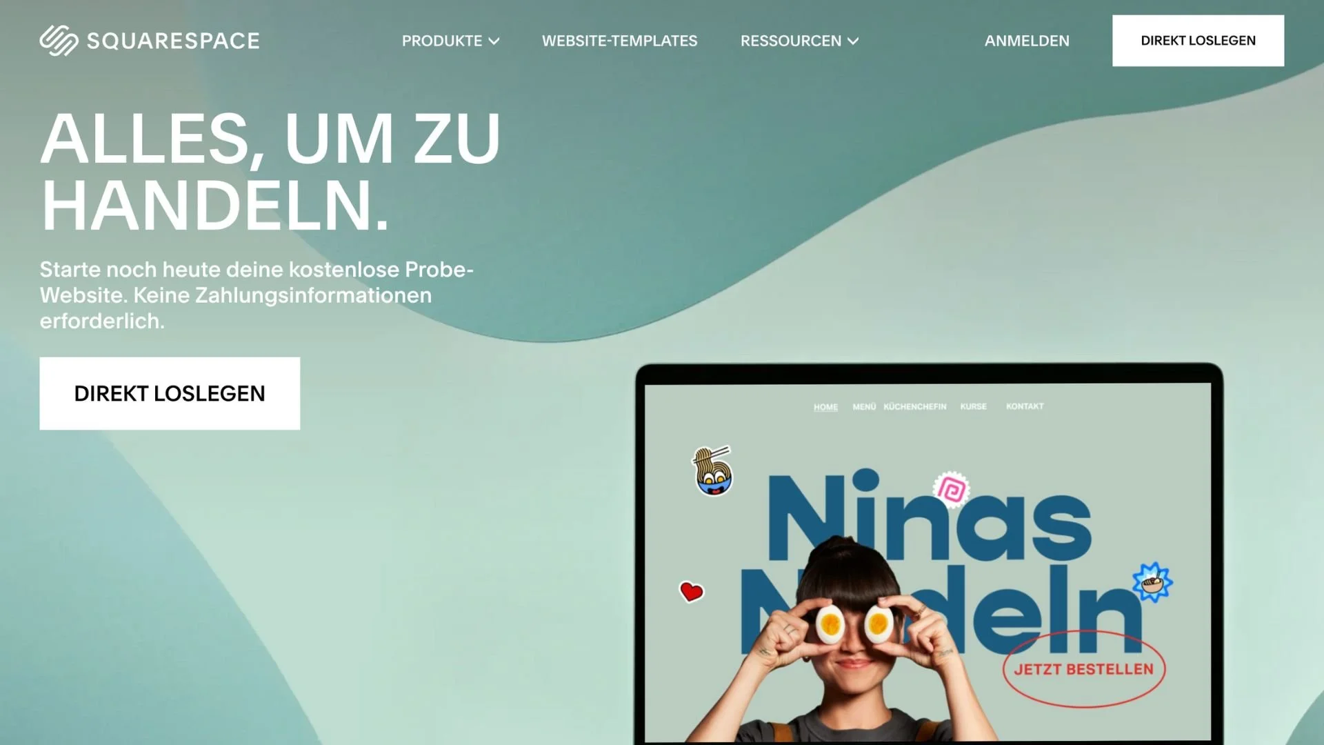 Screenshot of a website homepage with the Squarespace logo, navigation menu, CTA button, and a woman holding two fried eggs in front of her eyes on a computer screen.