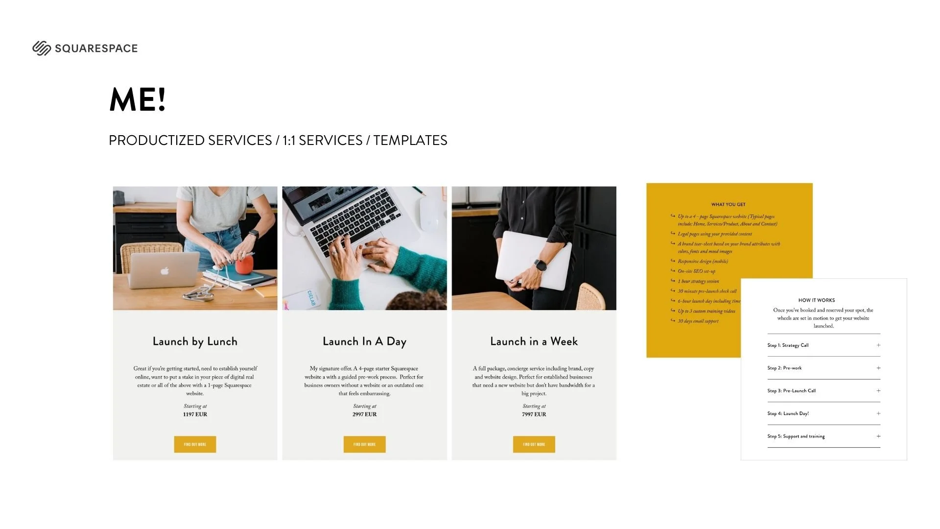 A digital marketing webpage showcasing three service packages titled "Launch by Lunch," "Launch in A Day," and "Launch in a Week," with descriptions, prices, and call-to-action buttons, alongside a sidebar with additional information in yellow and white sections.