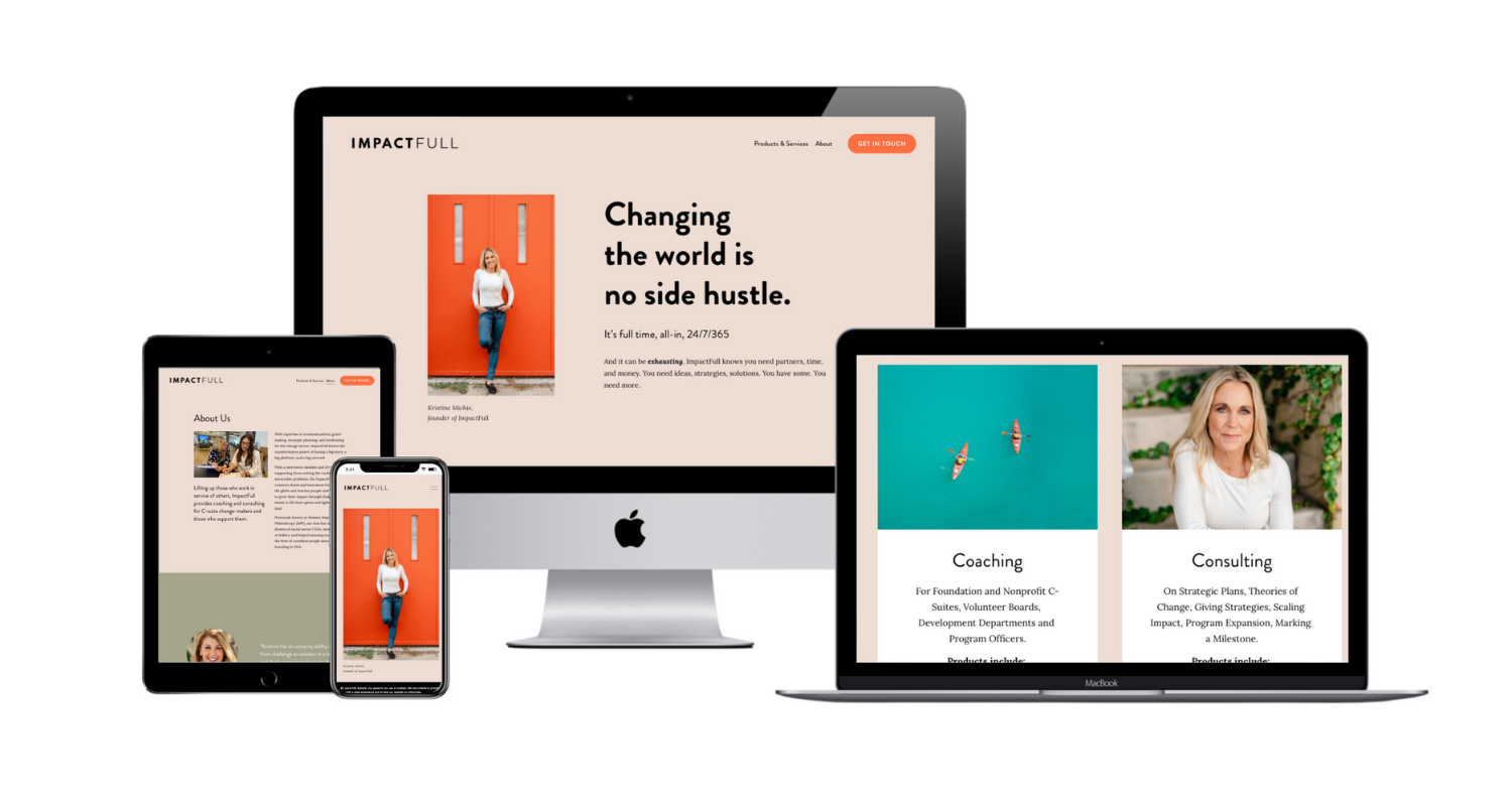 Multiple electronic devices displaying a website for Impact Full, featuring images of a woman and text about coaching and consulting services.