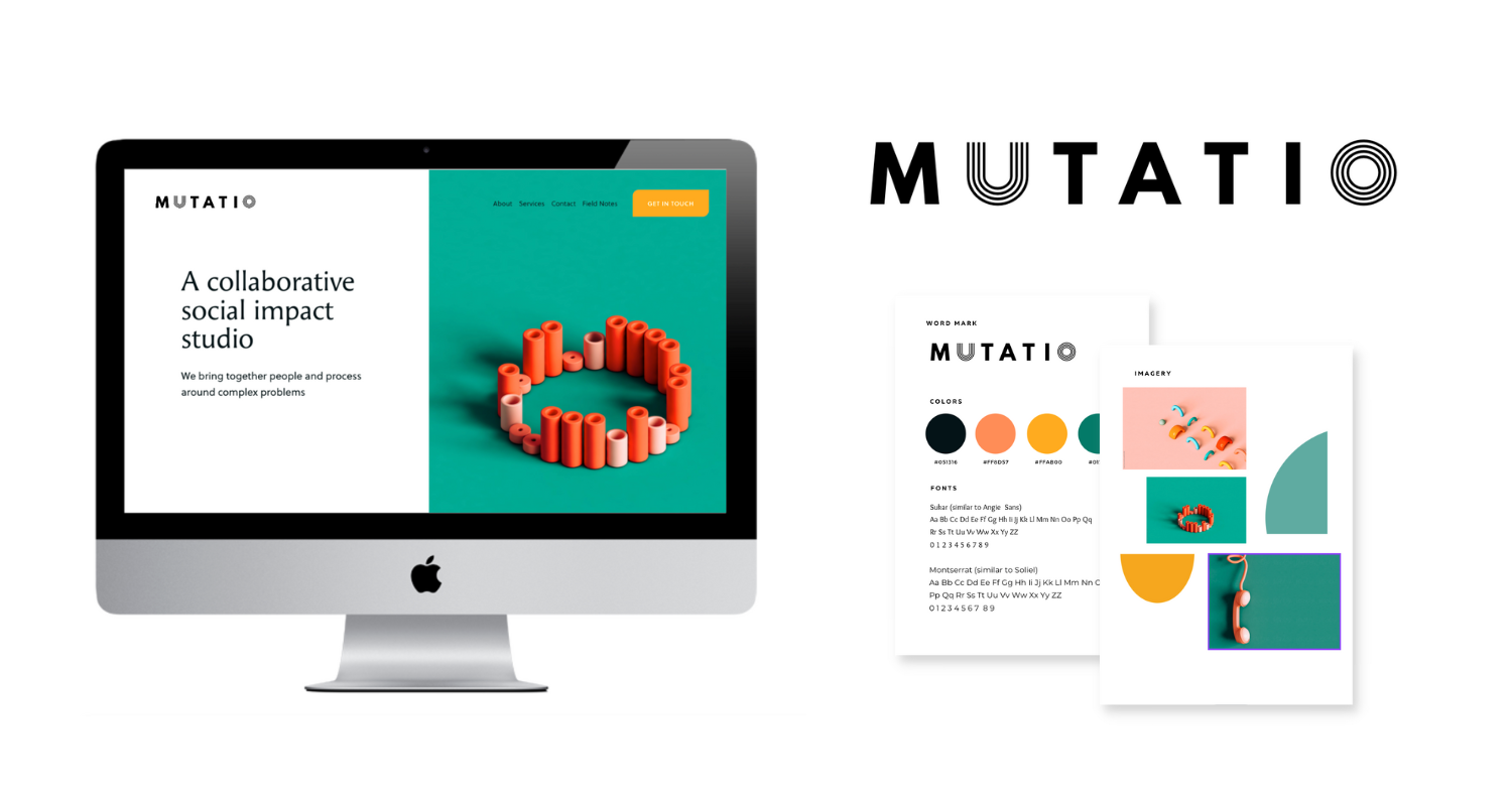 A digital workspace displaying branding and design materials for Mutatio, a social impact studio. Includes a computer monitor with a website, and two devices showing brand guidelines, color palette, and visual elements with colorful shapes and logo.