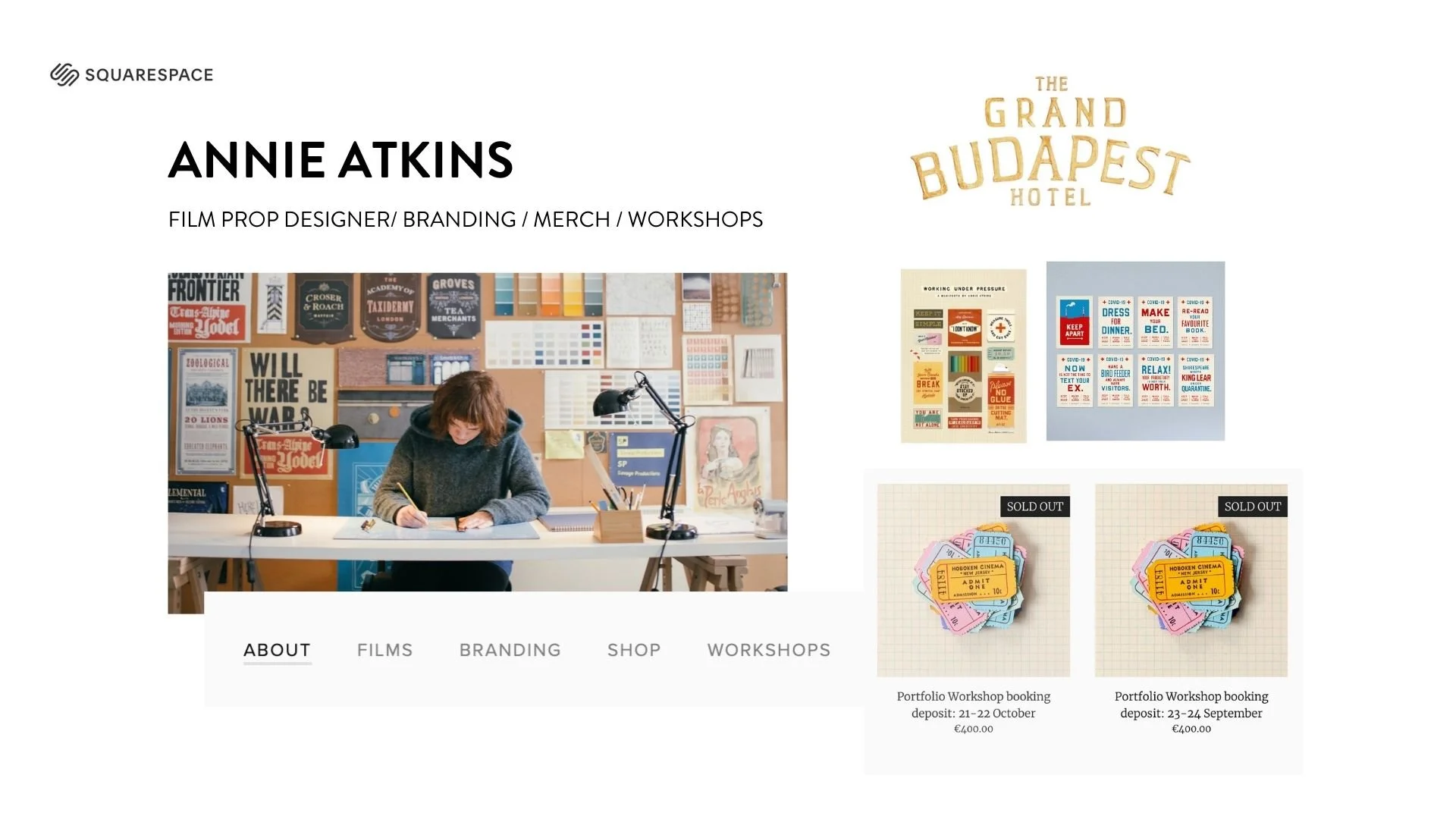 Portfolio webpage of Annie Atkins, film prop designer, branding, merchandise, and workshop creator, featuring a photo of her working at a desk with a collage of posters and design samples on the wall, and images of sold-out workshop tickets for two upcoming sessions.