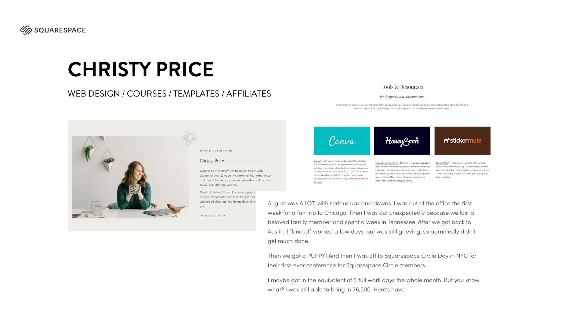 Screenshot of a webpage for Christy Price, offering web design, courses, templates, and affiliates, featuring a photo of a woman with a coffee mug and links to tools like Canva, HoneyBook, and Sticker Mule.