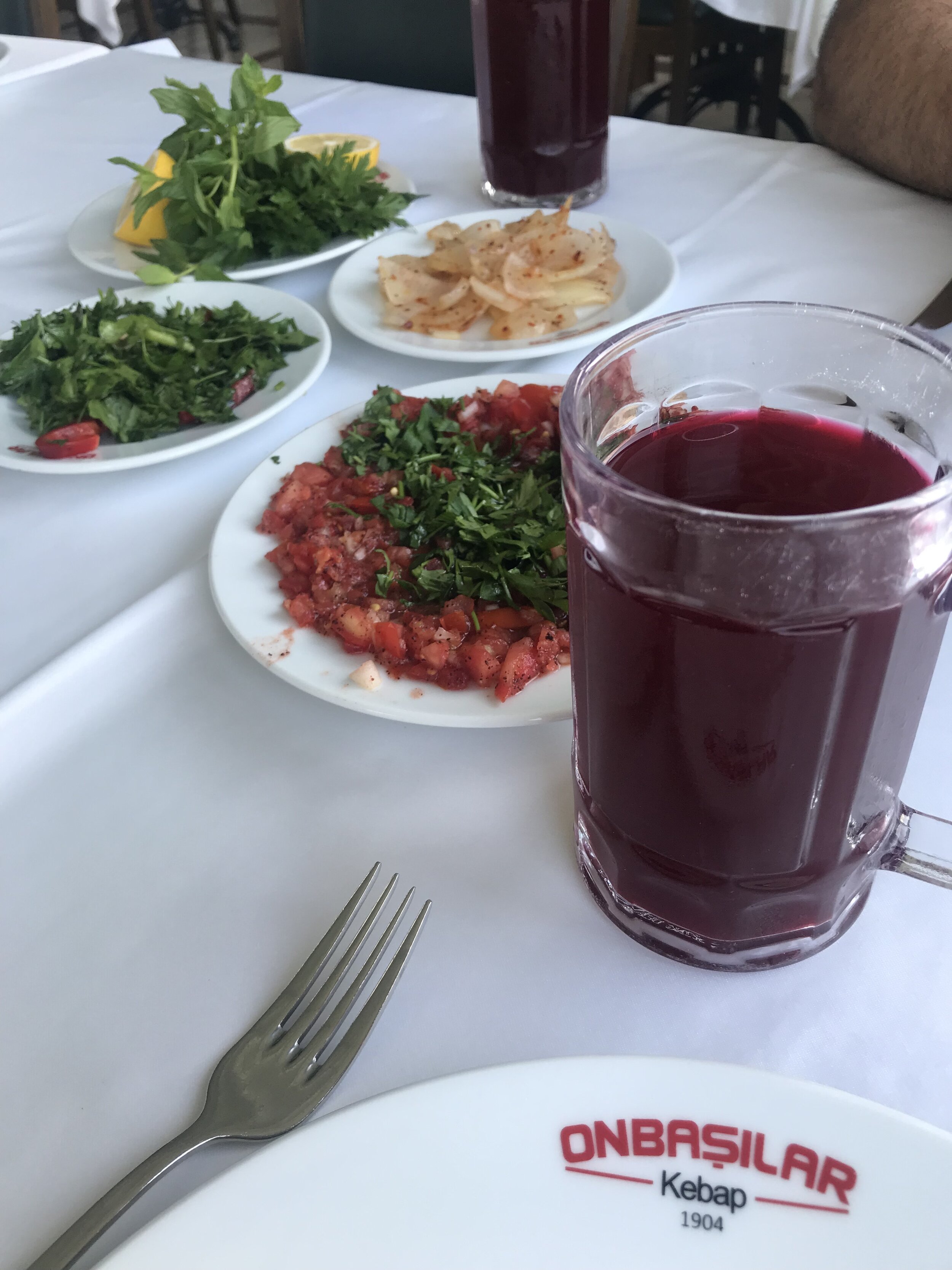 Shalgam drink and salads before main (Kebab:)