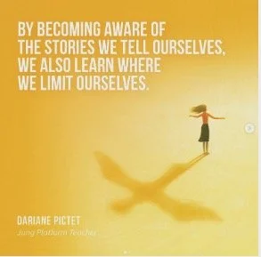 A yellow background with a silhouette of a girl skipping rope. Text in white reads: "By becoming aware of the stories we tell ourselves, we also learn where we limit ourselves." The quote is attributed to Dariane Pictet.