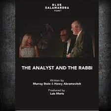 Book cover titled 'The Analyst and the Rabbi' with a photo of two men and a woman in a dark setting.