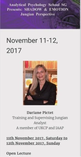 Poster for an analytical psychology event titled 'Shadow & Emotion Jungian Perspective,' held on November 11-12, 2017, featuring Dariane Pictet, a Jungian analyst, with a photo of her.