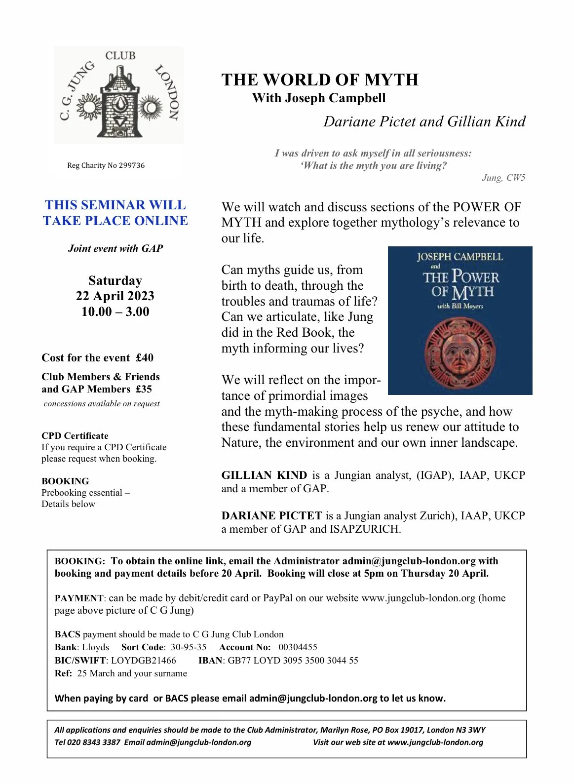 Event flyer for an online seminar titled "The World of Myth" with Joseph Campbell, Dariane Pictet, and Gillian Kind, scheduled for Saturday, April 22, 2023, from 10:00 am to 3:00 pm, with registration details, pricing, and contact information.