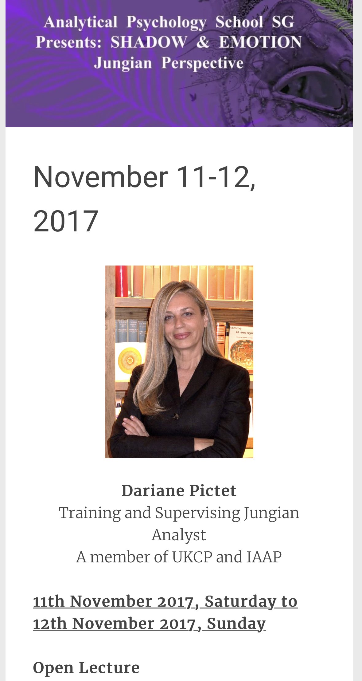 Poster announcing a two-day event by Analytical Psychology School SG focused on Shadow & Emotion from November 11-12, 2017. Includes a photo of Dariane Pictet, a woman with long blonde hair, wearing a black blazer, standing in front of bookshelves.