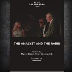 Book cover titled 'The Analyst and the Rabbi' with a black background, featuring three people in conversation, depicting a woman and two men dressed in business attire.