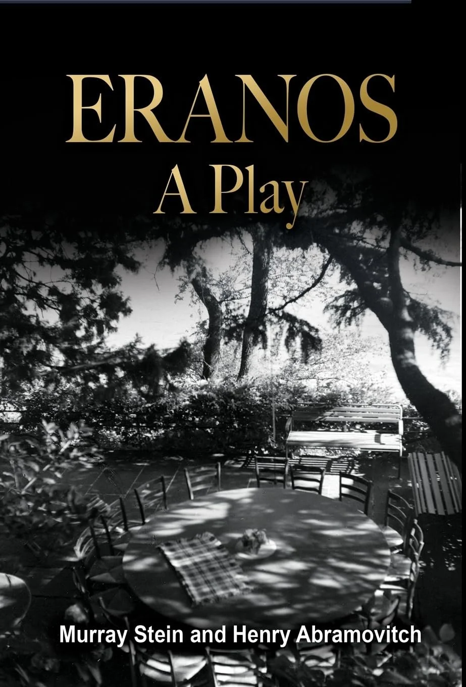 Book cover titled 'Eranos: A Play' by Murray Stein and Henry Abramovitch, showing an outdoor patio with a round table, checkered tablecloth, and chairs shaded by trees in black and white.