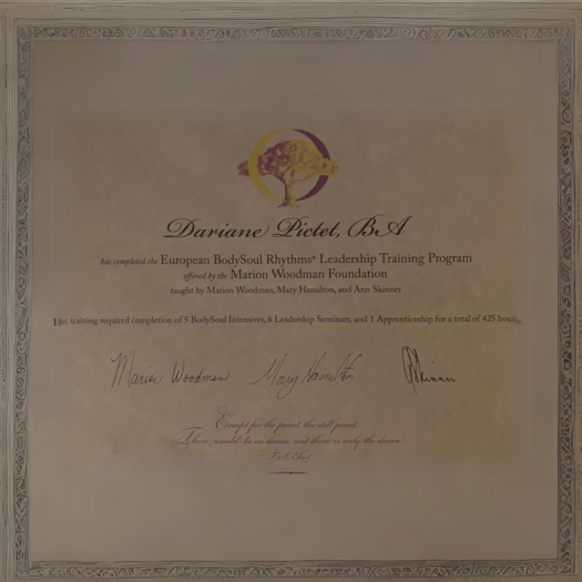 Certificate awarded to Dariane Piclet for completing the European BodySoul Rhythms Leadership Training Program.