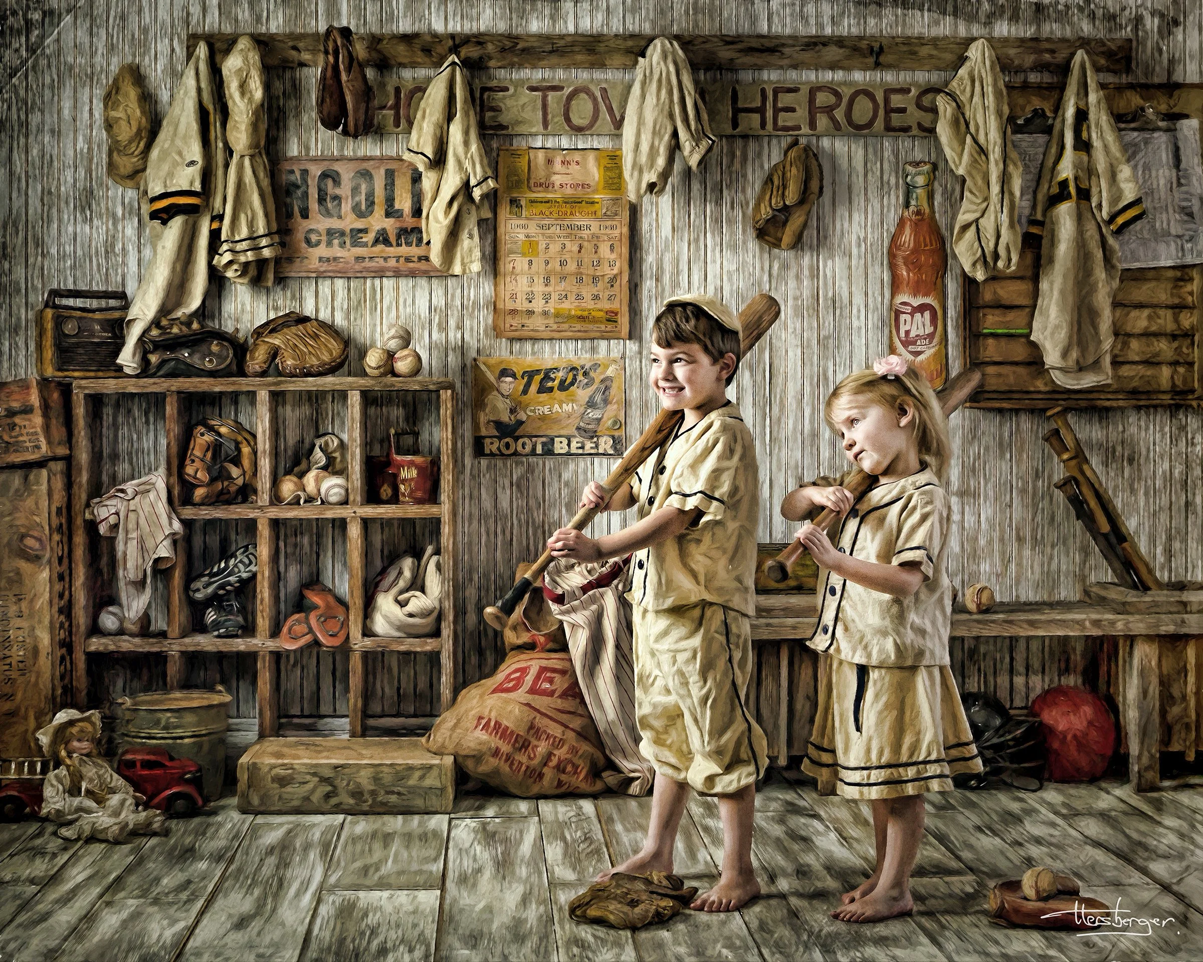 Story-driven fine art portrait of two children in a vintage baseball clubhouse