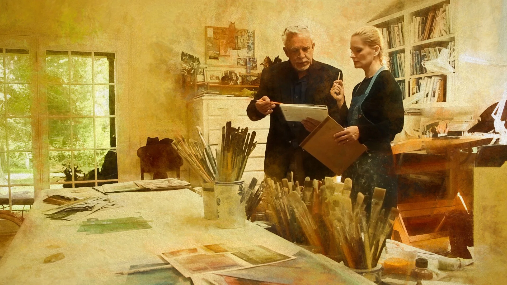 Ela Hersberger and Larry collaborating on a commissioned family artwork, refining composition and lighting during the creative process.