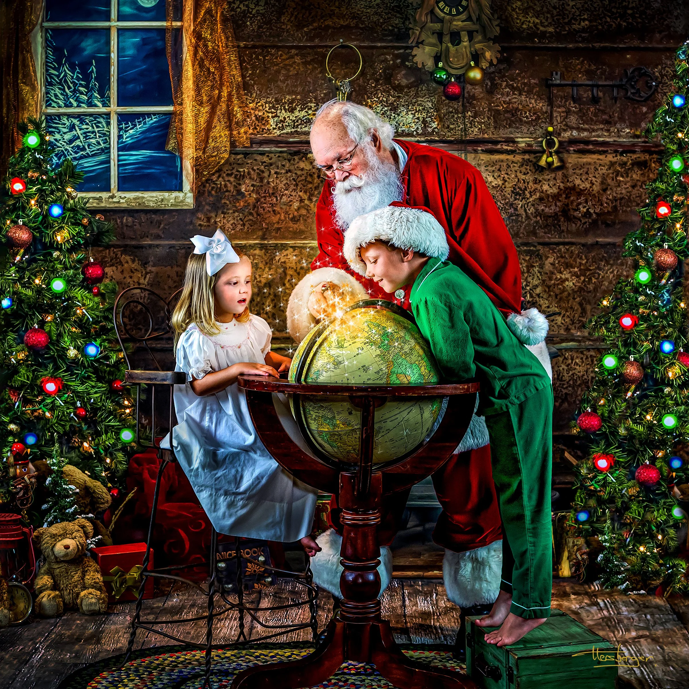 Children sharing milk and cookies with Santa during a Masterpiece Christmas fine art commission session — Masterpiece Artwork by Ela and Larry Hersberger