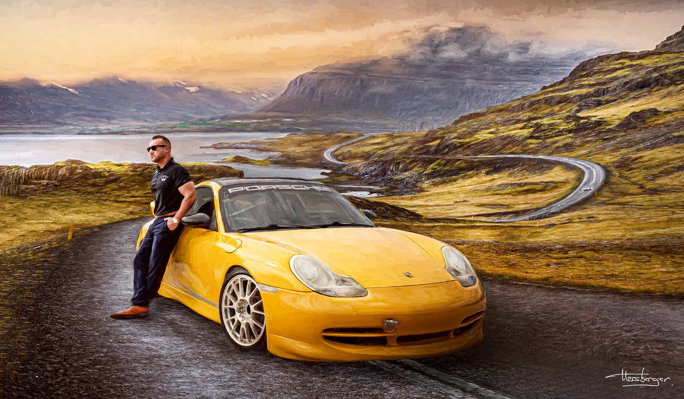 Cinematic commissioned portrait of a man with his yellow Porsche in a mountain landscape