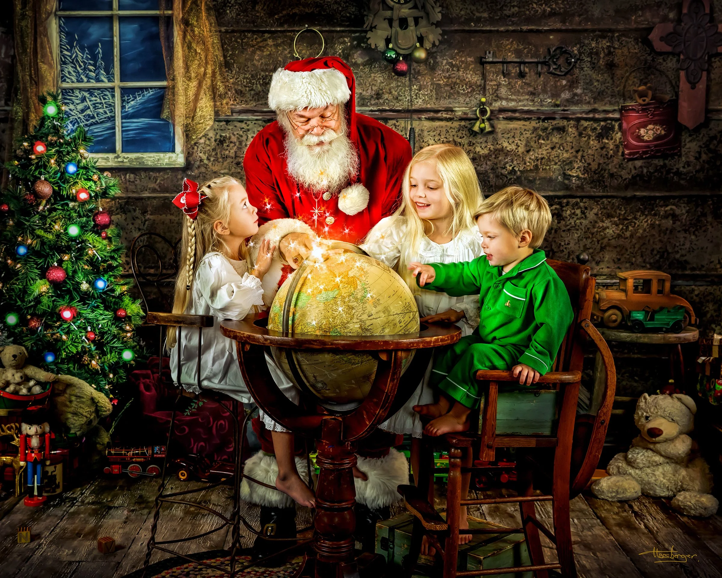 fine art Santa portrait of children and Santa looking at the globe