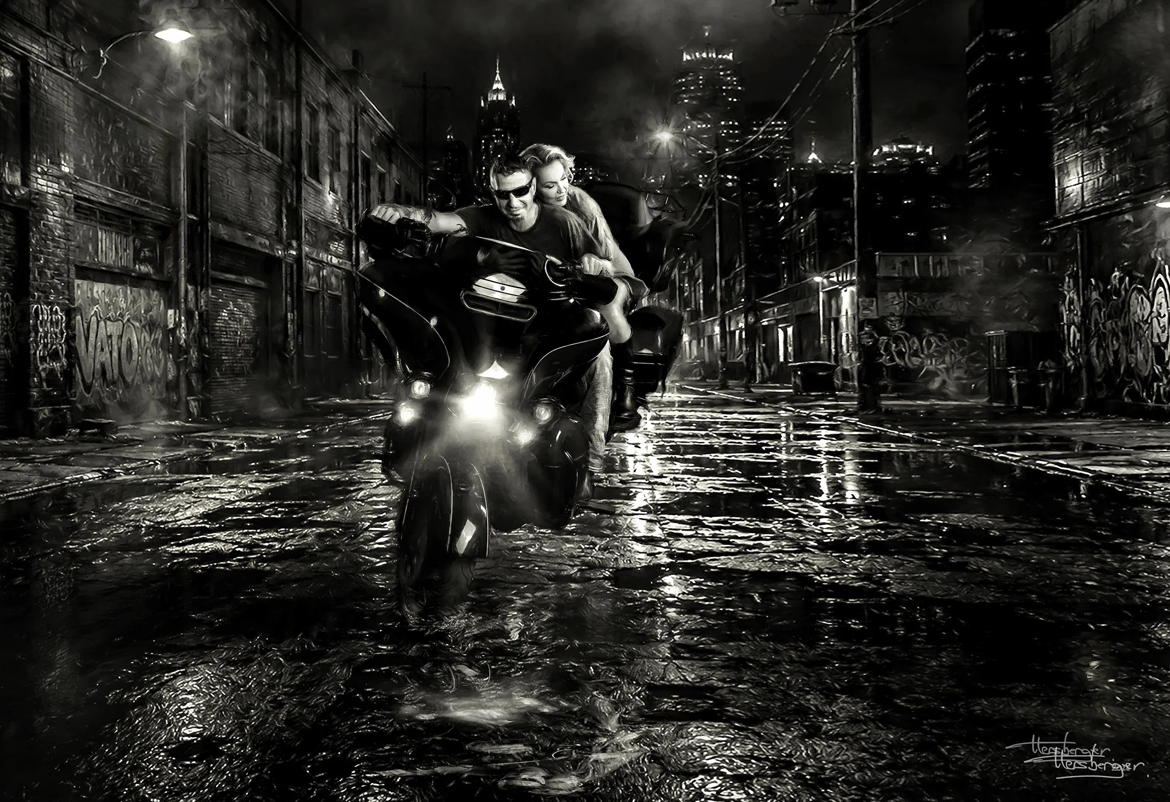 Black-and-white commissioned artwork of a couple riding a motorcycle through a city
