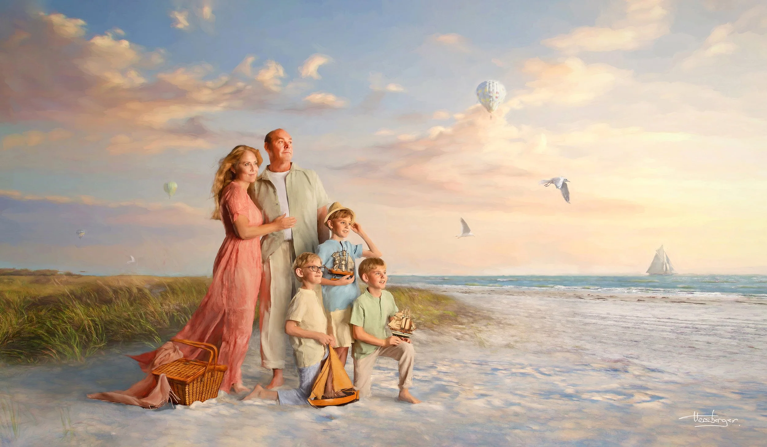 Commissioned family artwork composed into an Atlantic coastal world, created by Ela and Larry Hersberger through the Masterpiece Seaside process