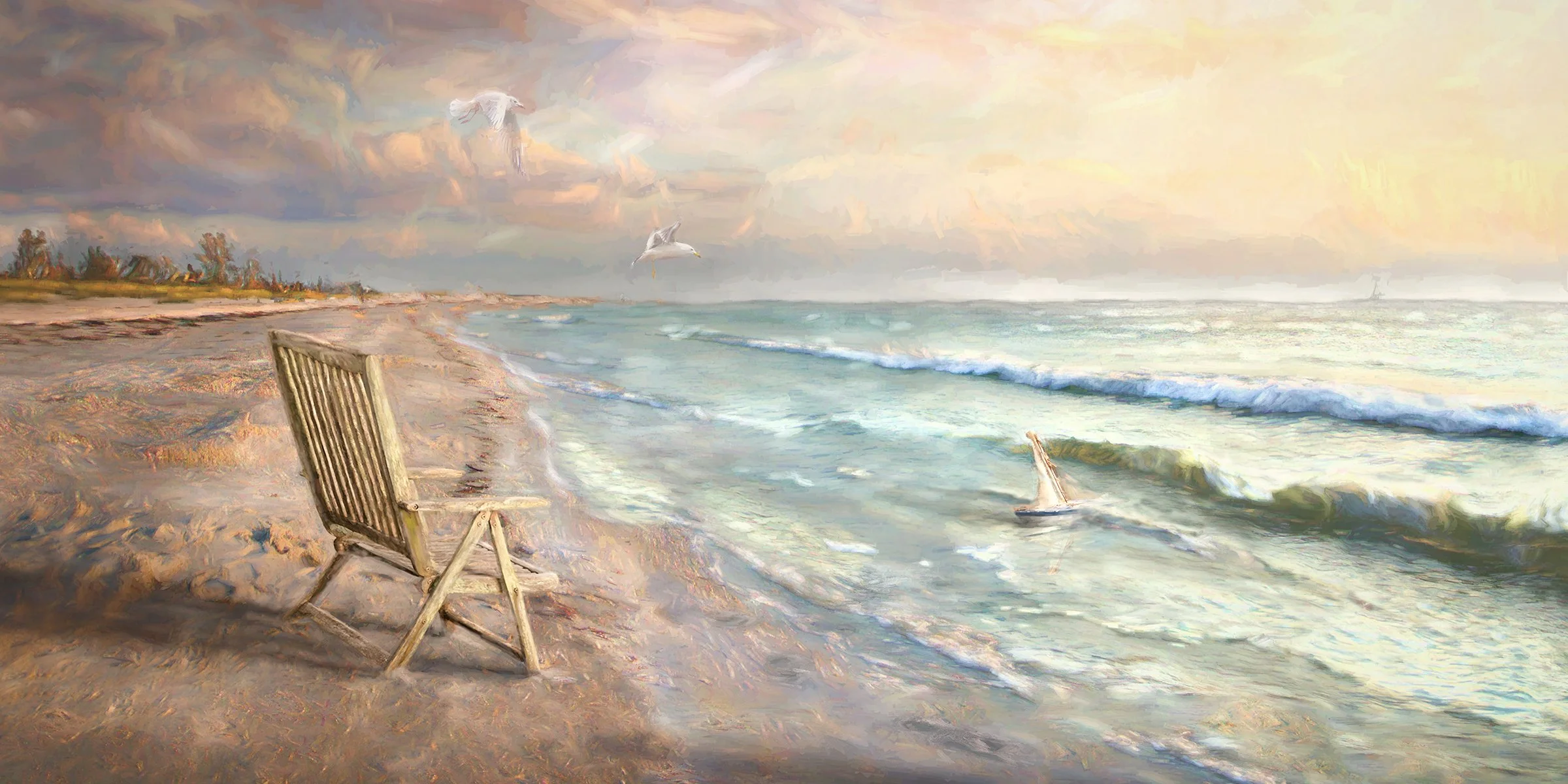 Atmospheric Atlantic coastline at golden hour, the setting for Masterpiece Seaside commissioned family artwork by Ela and Larry Hersberger