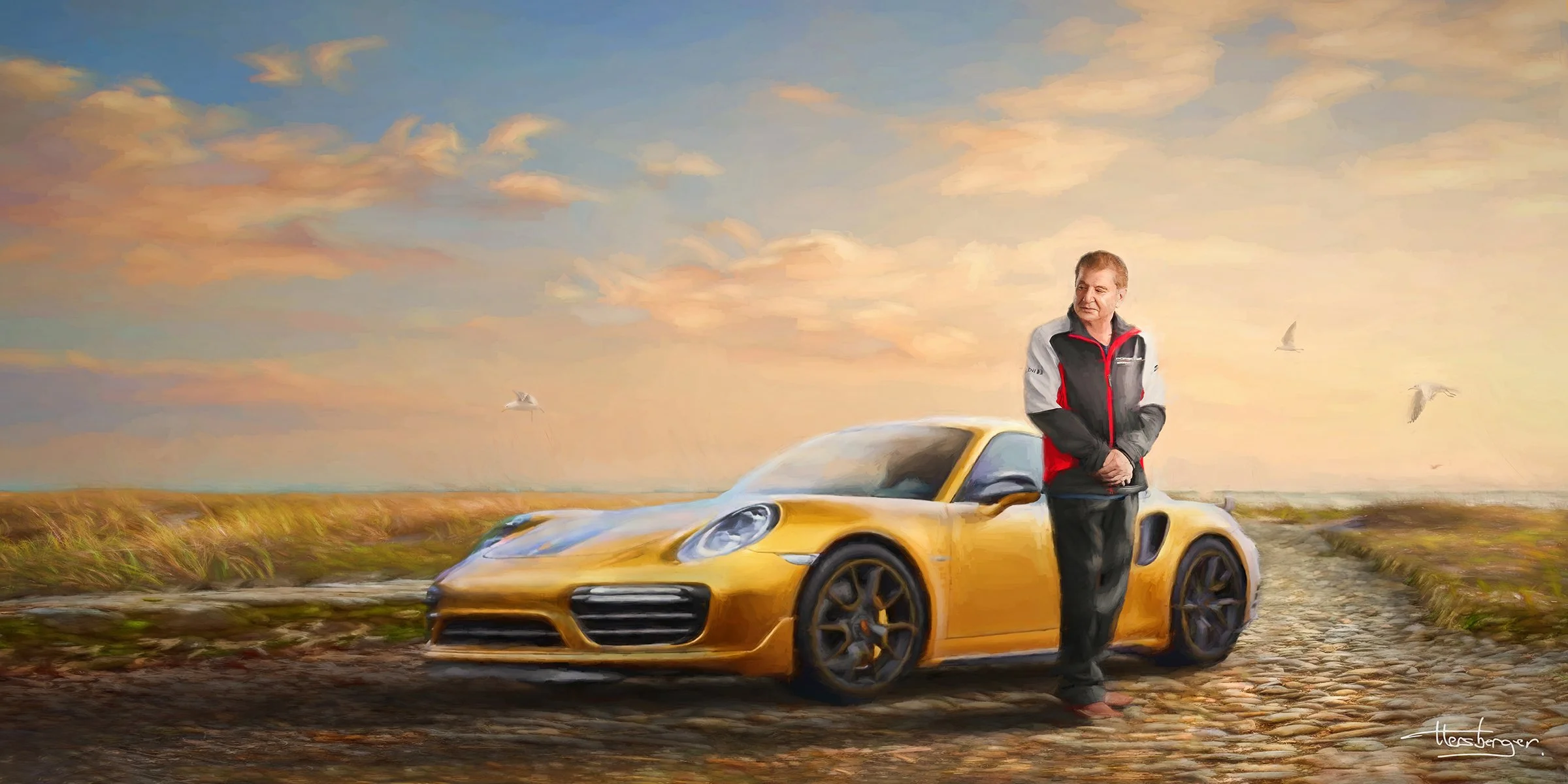 artwork with a car. Portrait artwork with a luxury car
