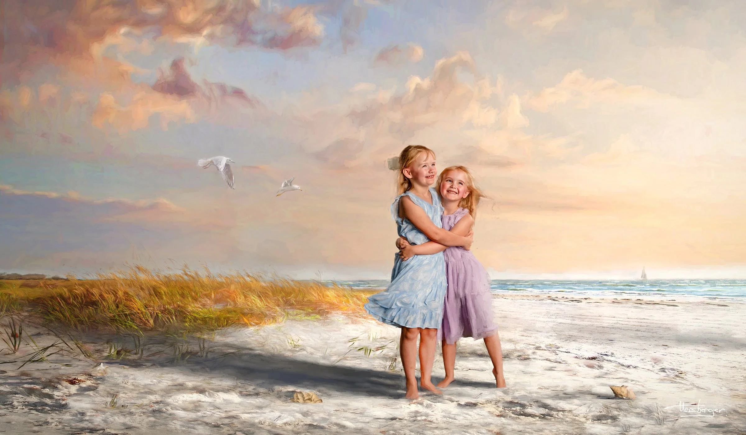 Children on the beach during Masterpiece Artwork session. Fine Art Luxury Photography in Tampa
