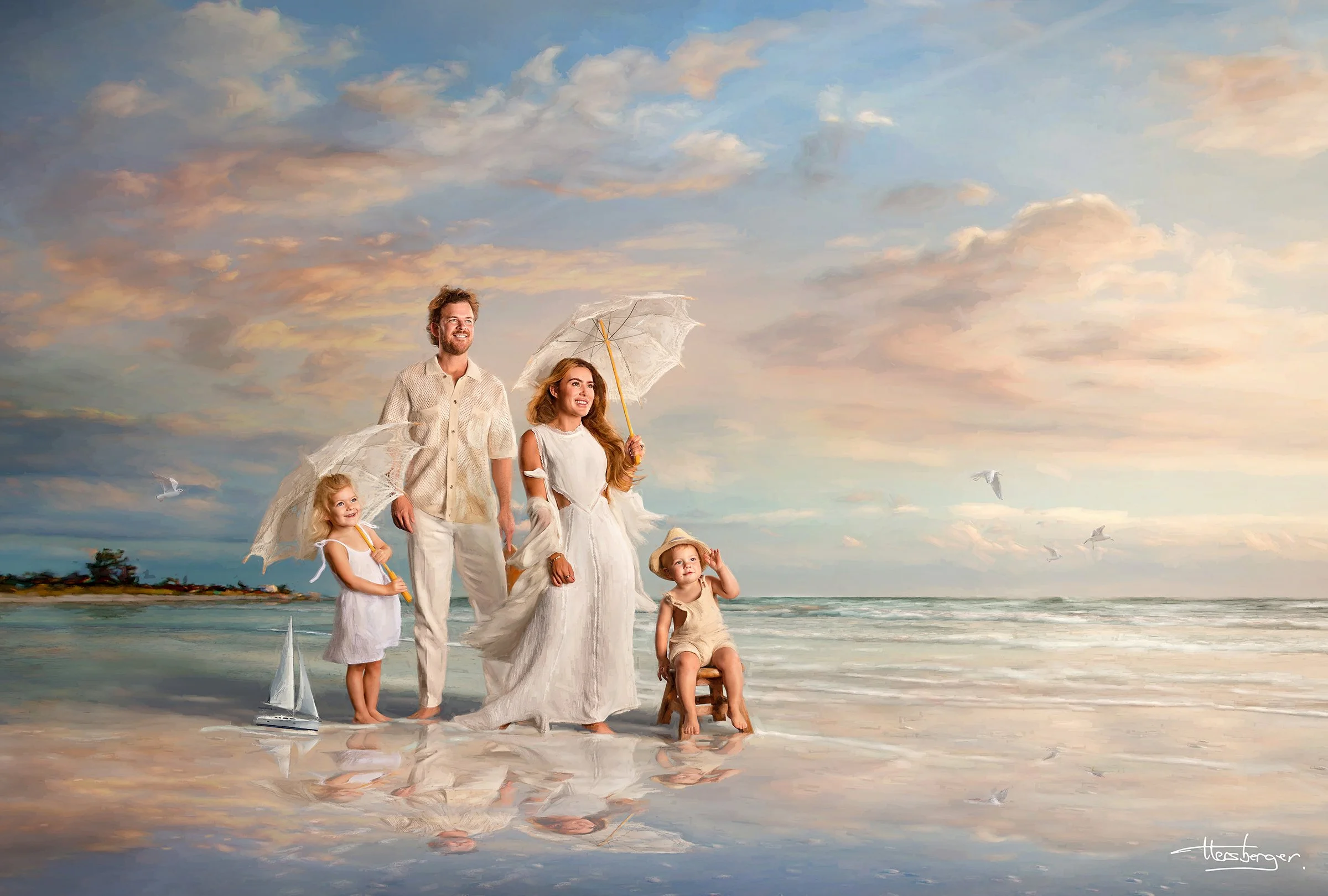 Commissioned family artwork composed into an Atlantic coastal world, created by Ela and Larry Hersberger through the Masterpiece Seaside process