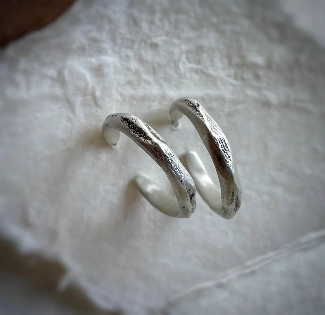 sand cast organic sterling silver hoops 3/4"