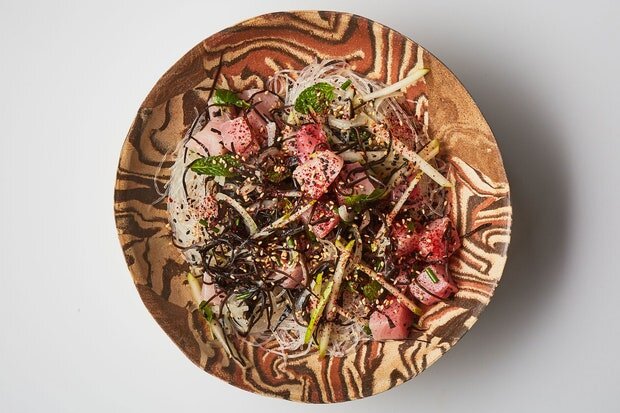 Tuna Poke with Glass Noodles and Pear
