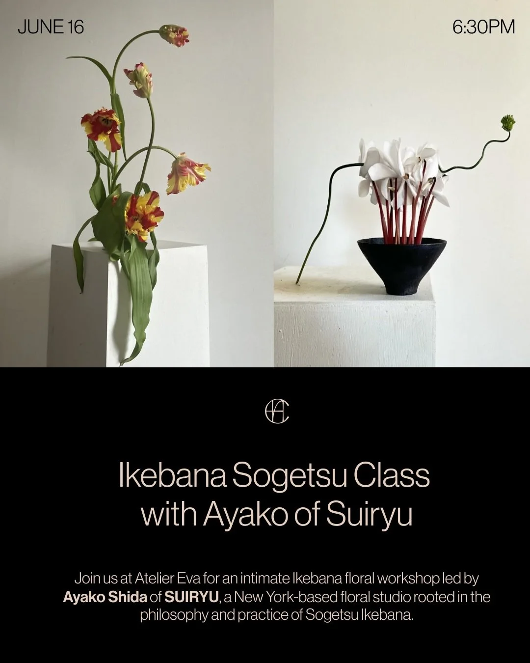 An evening of flowers, form, and intention.

Join us June 16 at 6:30 PM for an intimate Ikebana workshop with Ayako Shida of SUIRYU. Rooted in the Sogetsu tradition, guests will explore the art of Japanese floral arrangement through a guided, hands-o