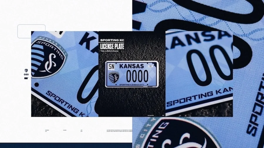 Sporting Kansas City Custom License Plate Design Collage-style image showing a light blue Sporting Kansas City license plate mockup with club logo, Kansas text, and placeholder number '0000'.