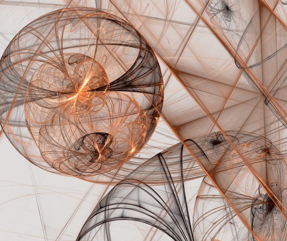 Abstract digital artwork featuring intricate, swirling wireframe patterns and glowing light effects in shades of copper and black.