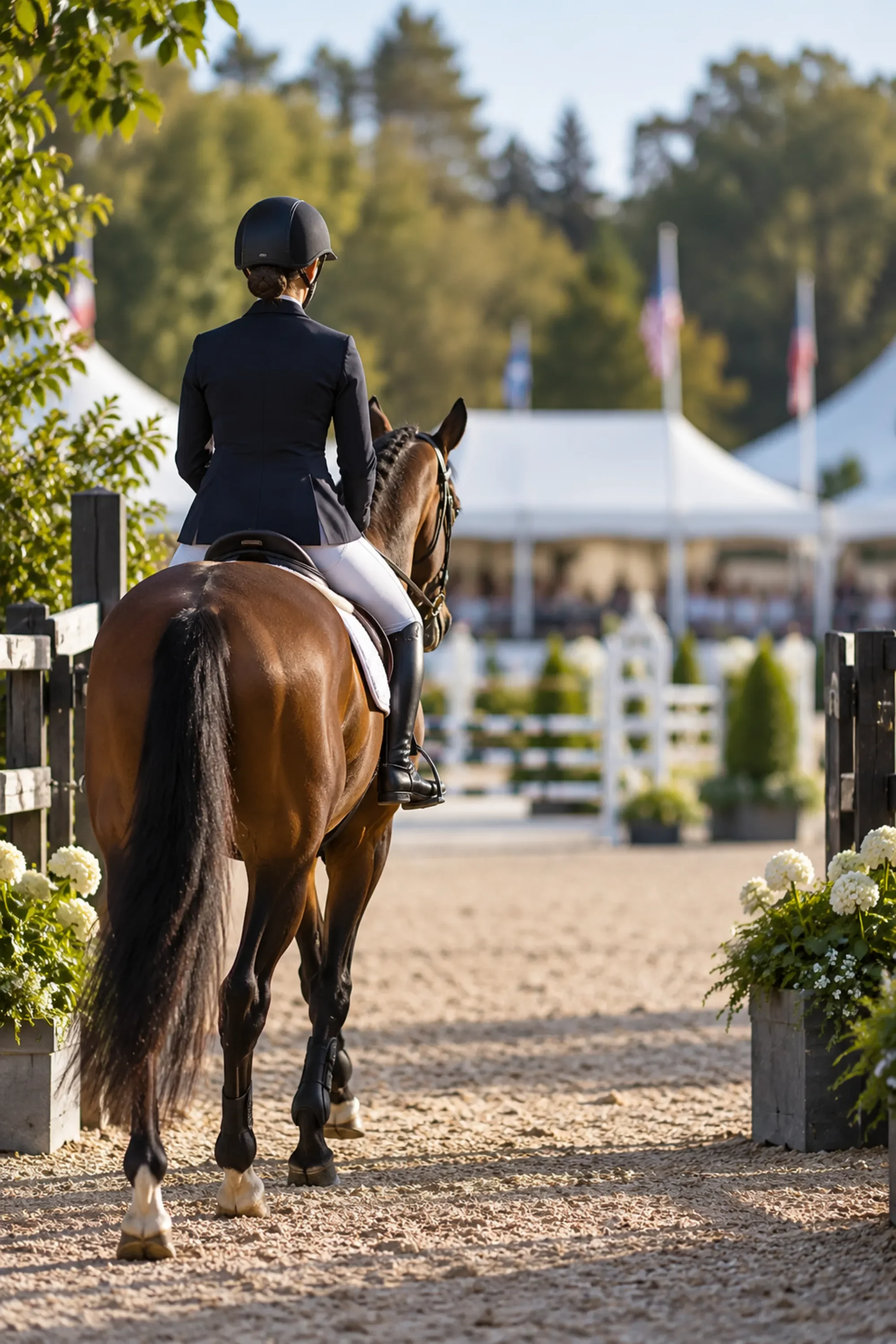 Equestrian rider in formal competition attire riding a bay horse toward a show jumping arena.