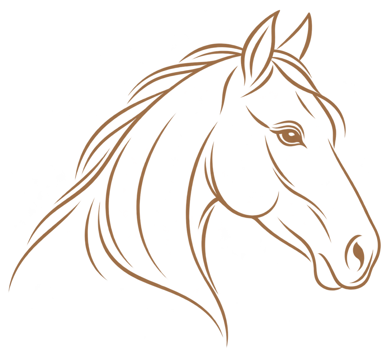 Stylized line drawing of a horse head with a flowing mane