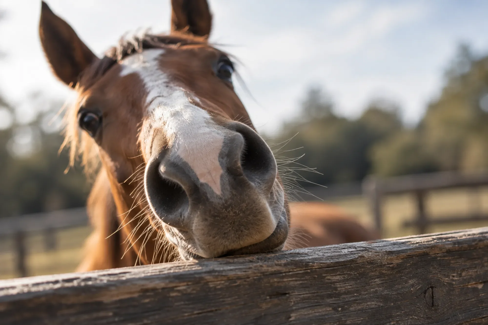 Close-up of a chestnut horse with a white blaze resting its muzzle on a wooden pasture fence.